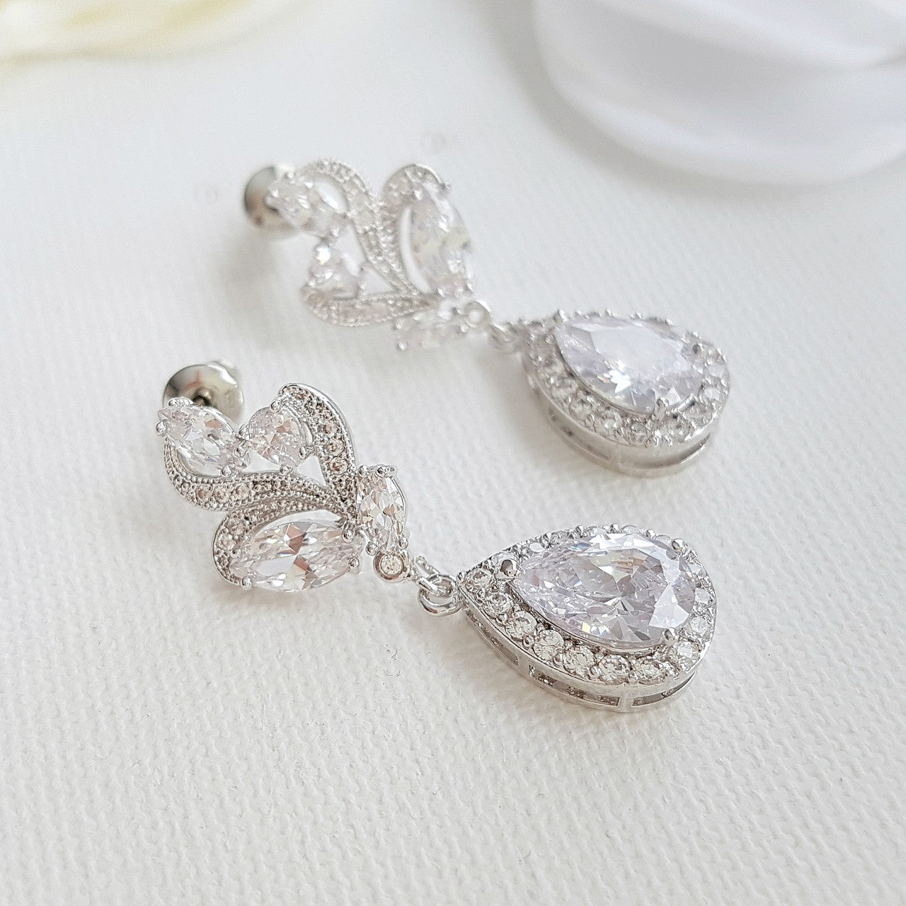 Clear Crystal Drop Earrings for Wedding Silver-Wavy
