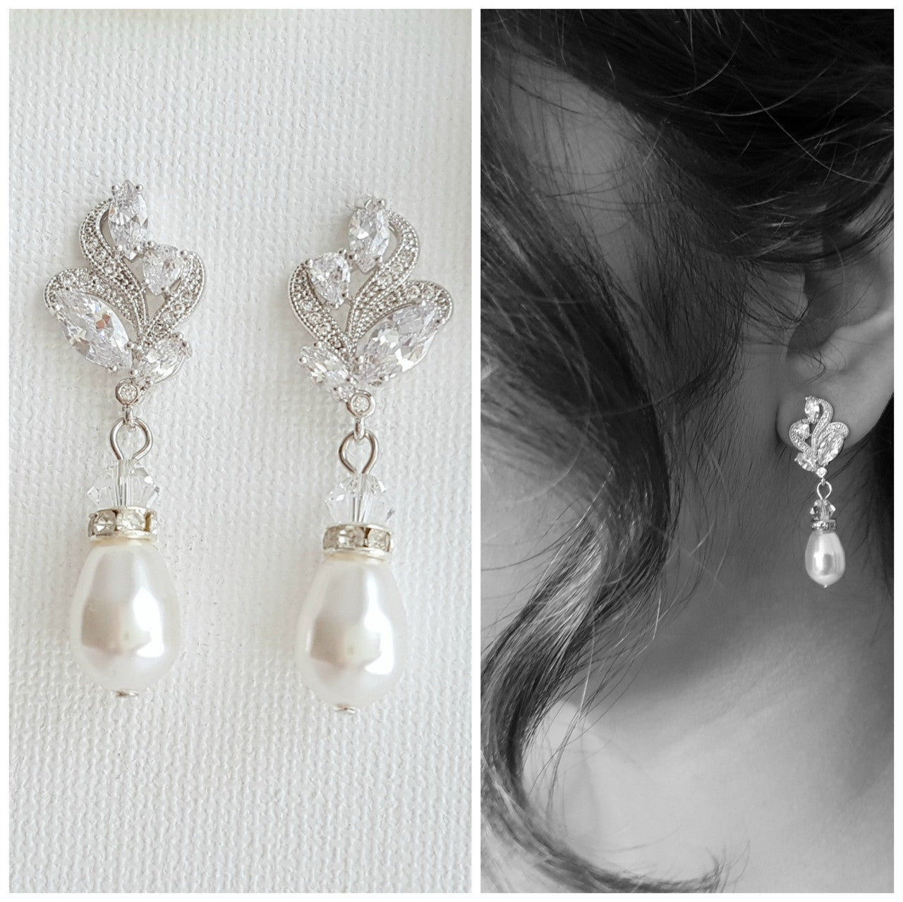 Silver Bridal Earrings With Pearl Drops-Wavy