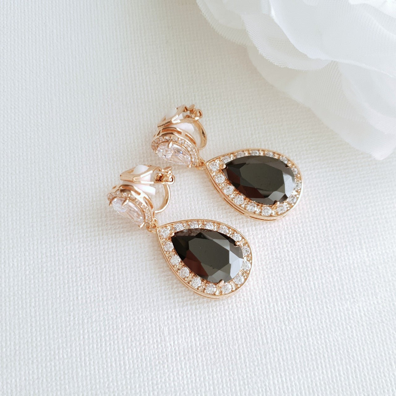 Cubic Zirconia Teardrop Clip On Earrings in Black & Gold- Zoe