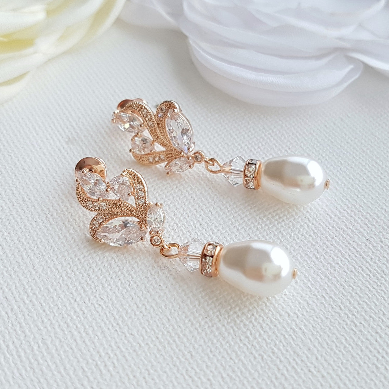 Silver Bridal Earrings With Pearl Drops-Wavy