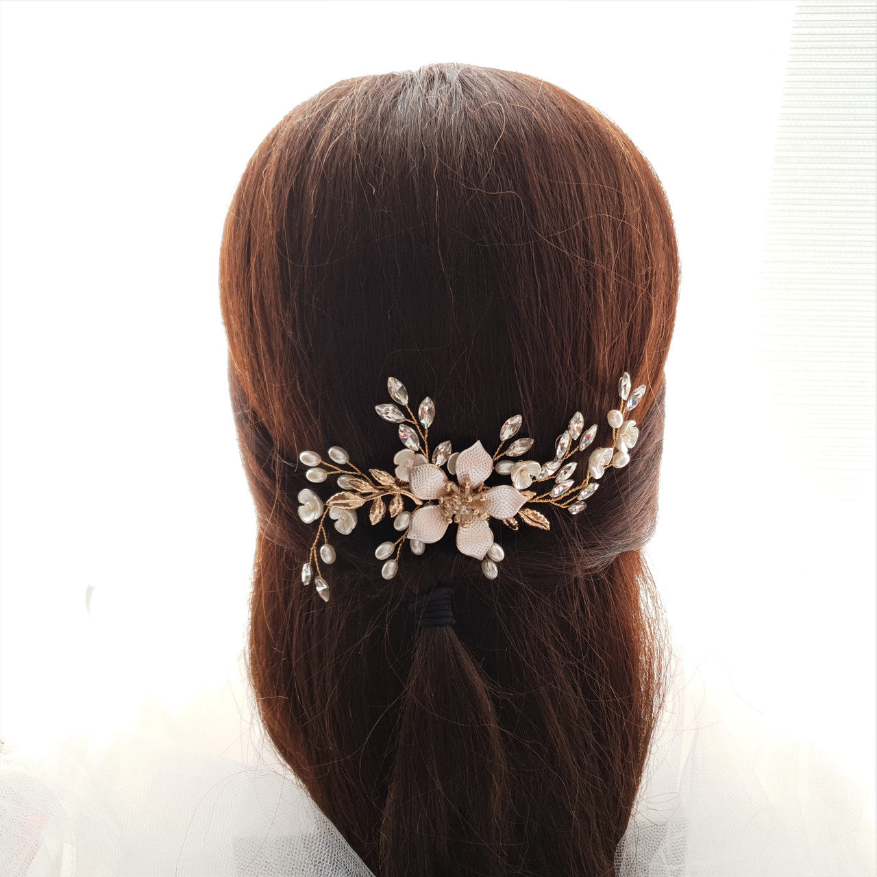 Jewelled Rose Gold Bridal Hair Comb with Pearl & Crystal Leaves-Freya