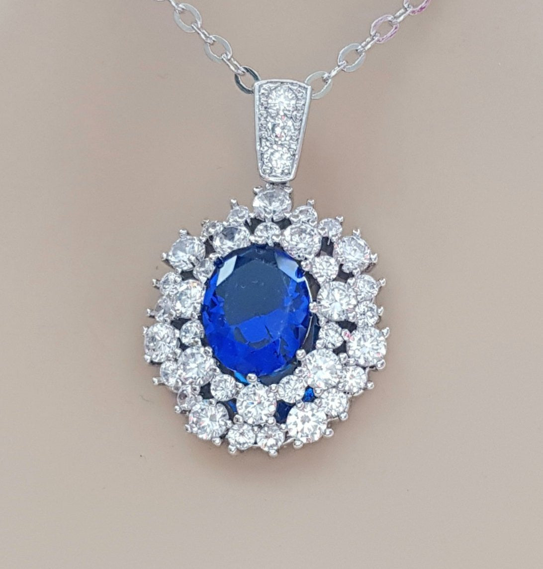 Sapphire Blue Oval Necklace Pendant- Indi