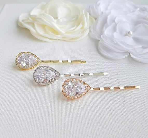 Rose Gold Teardrop CZ Hair Pins Set for Bridesmaids & Flower Girls- Evelyn