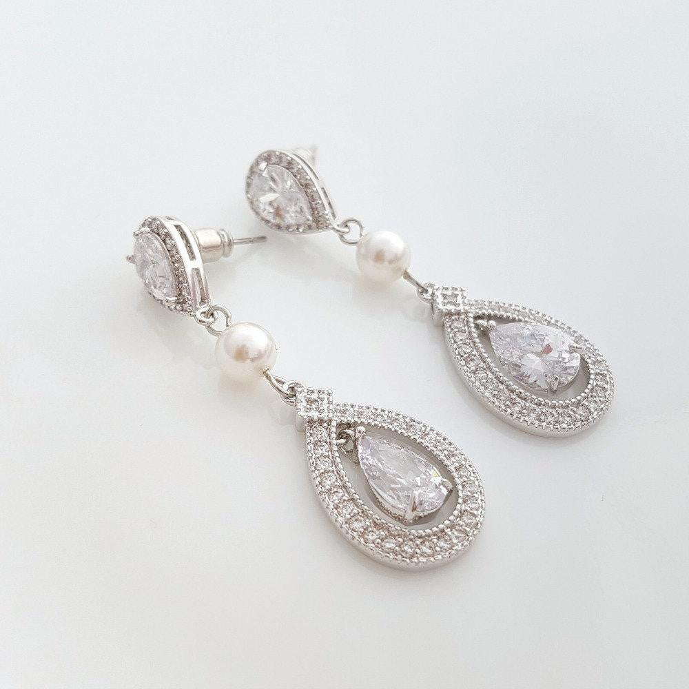 Crystal Wedding Earrings With CZ & Pearl- Sarah