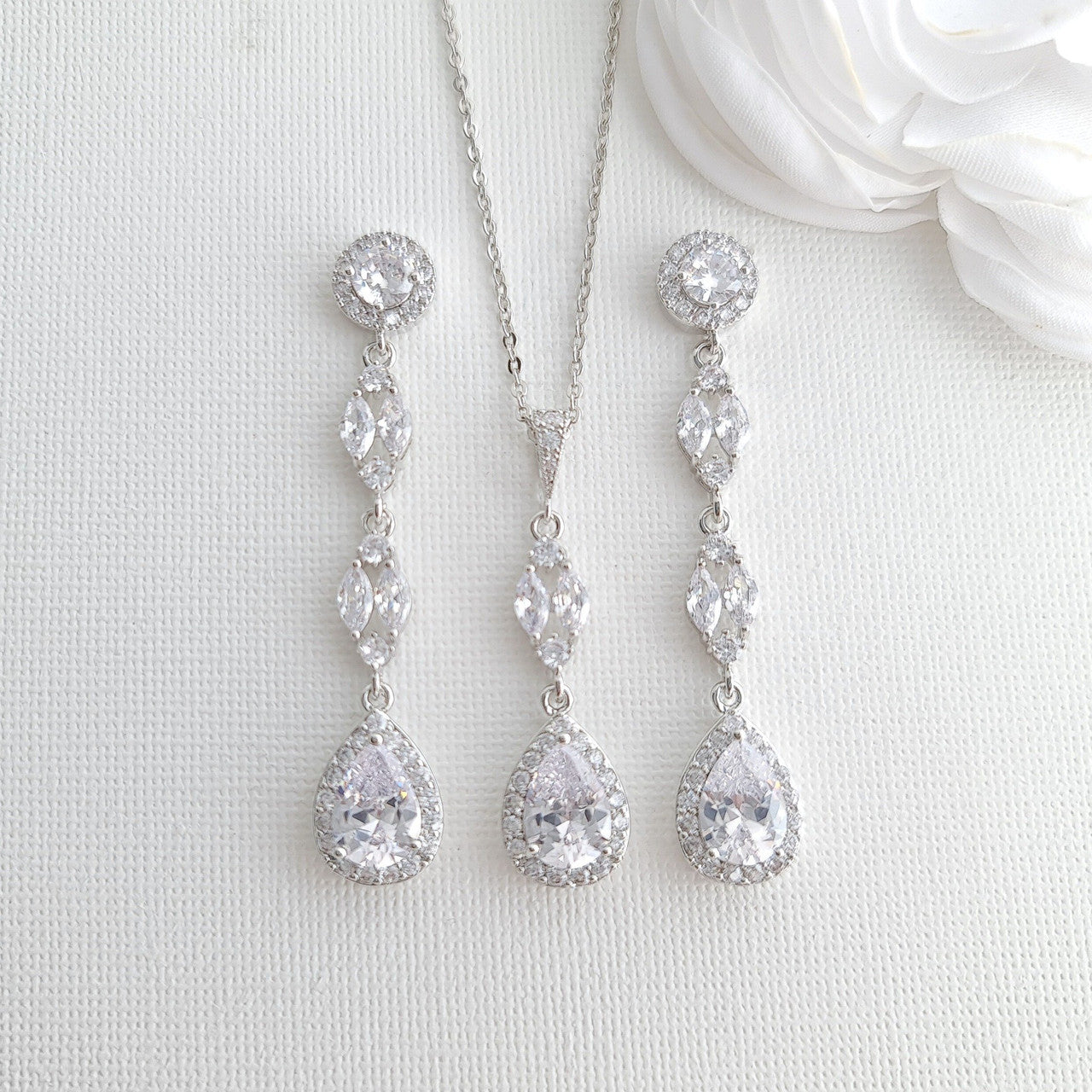 Long Earrings Drop Necklace & Bracelet Bridal Jewelry Set- Hayley