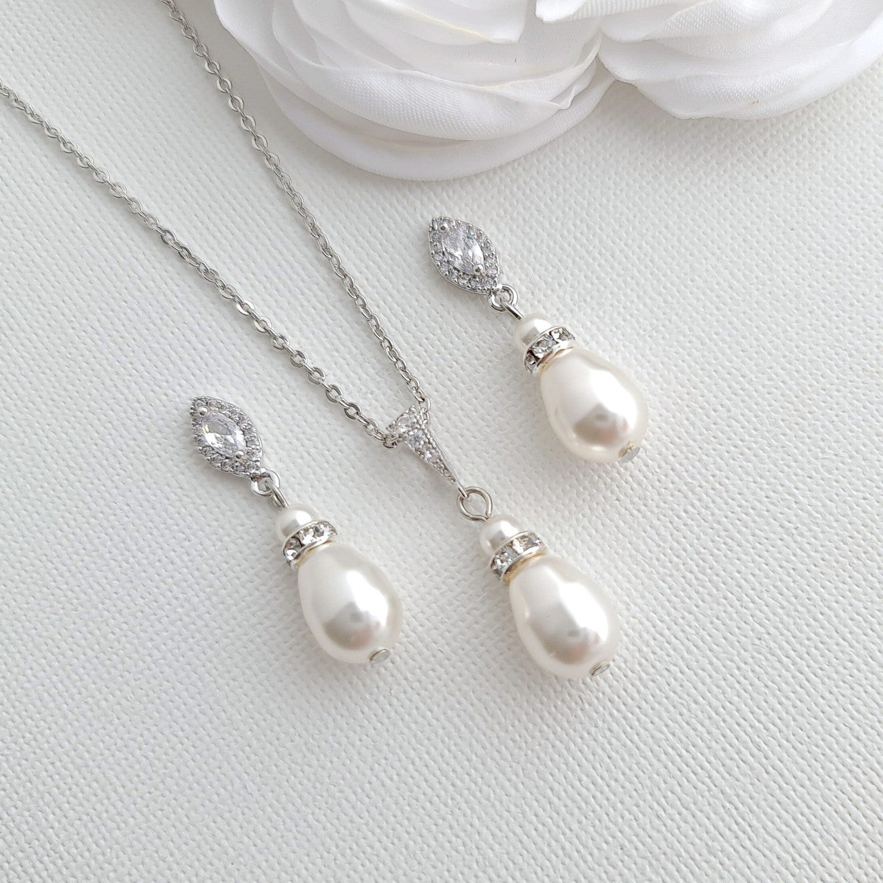 Pearl Jewellery Set with Teardrop Pearl Pendant and Earrings for Brides- Ella
