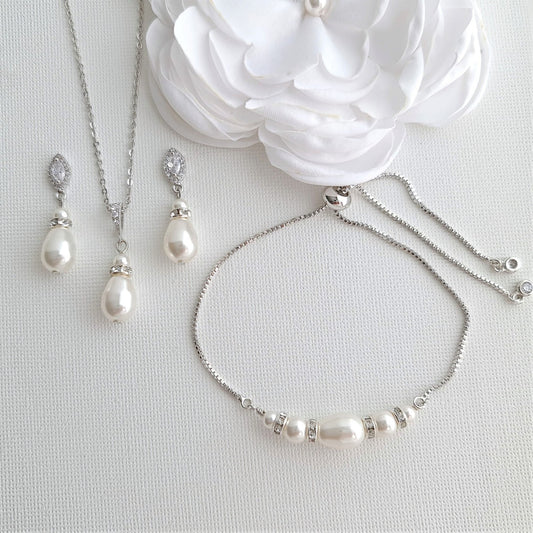 Simple Pearl Wedding Jewellery Set with Pearl Earring,Necklace,Bracelet for Brides-Ella