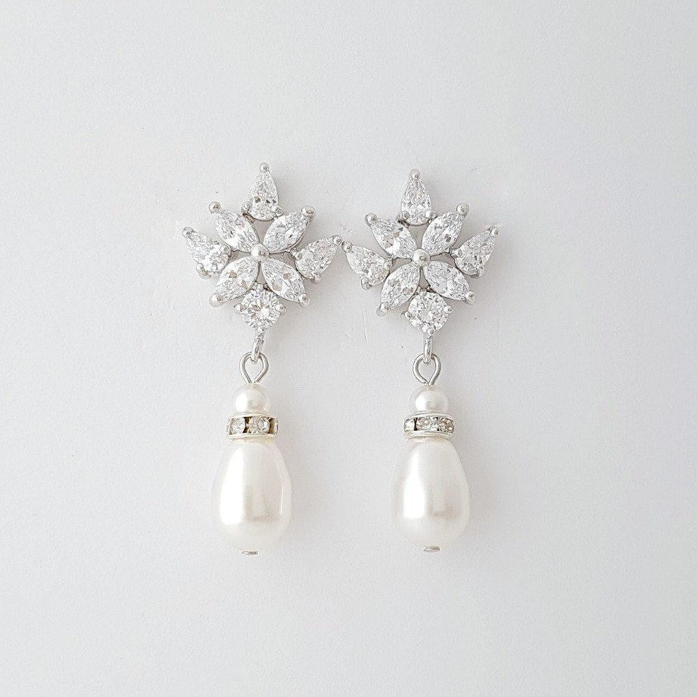 Crystal Bridal Earrings with Pearl Drop- Rosa