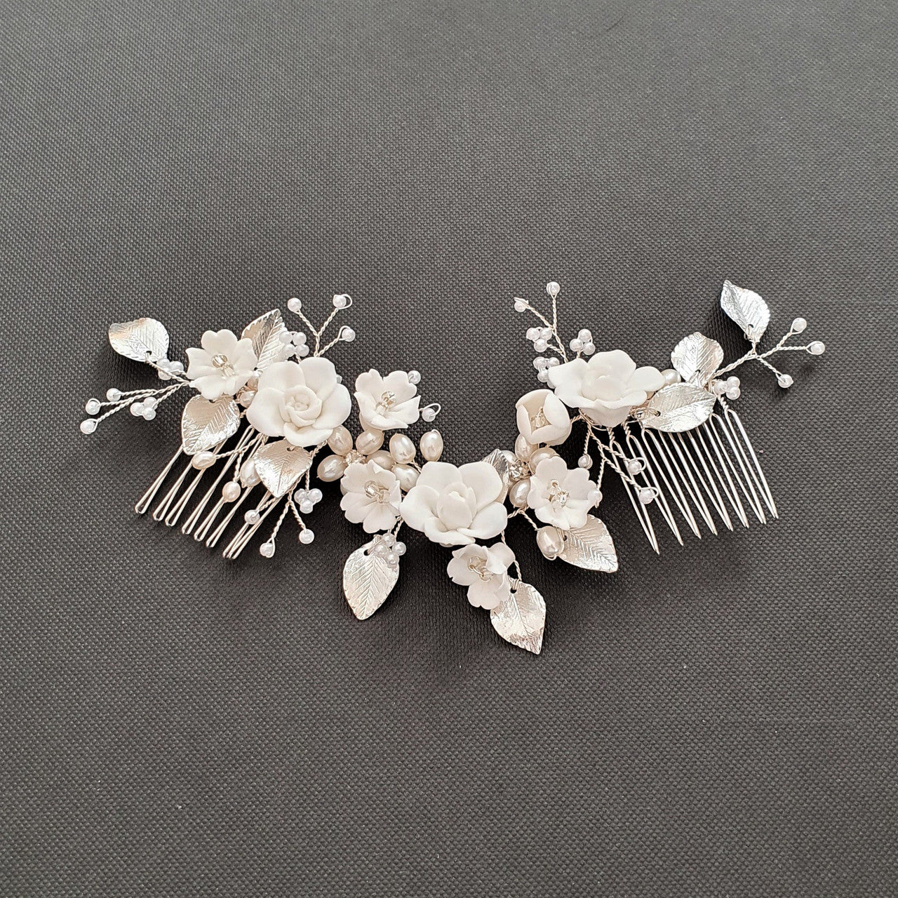 Double Comb Bridal Hairpiece with White Flowers-Blossom