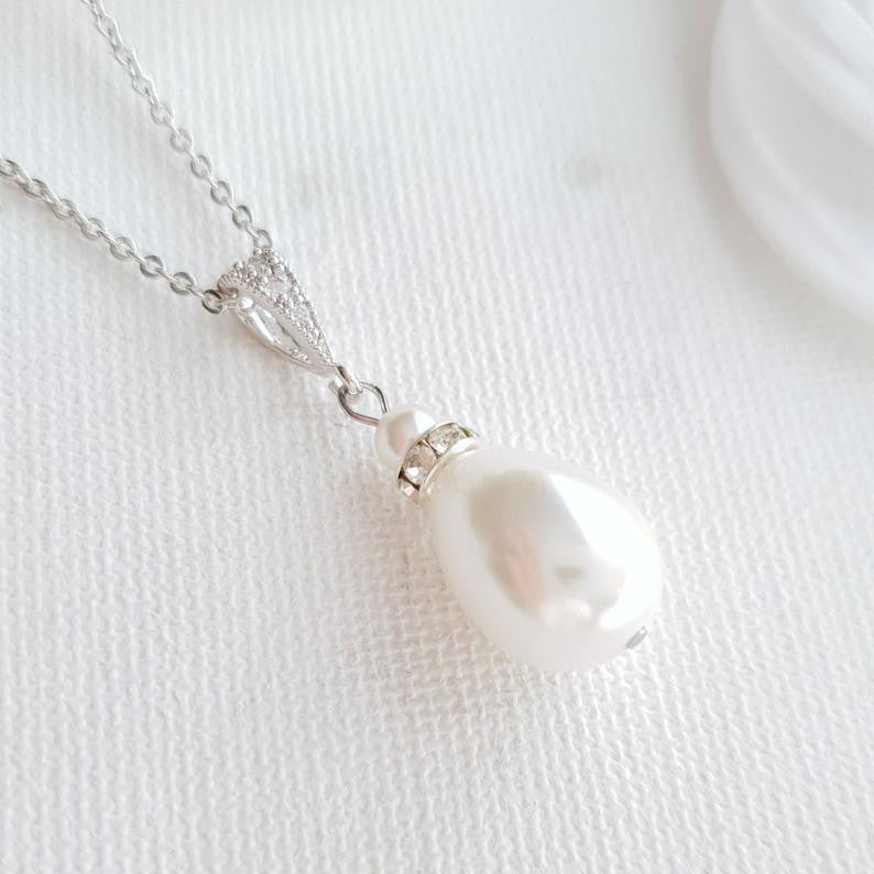 teardrop pearl necklace for weddings in silver and pearl- Poetry Designs