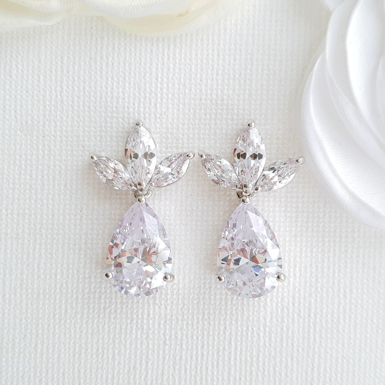 Cubic Zirconia Silver Crystal Drop Earrings for Weddings- Marissa