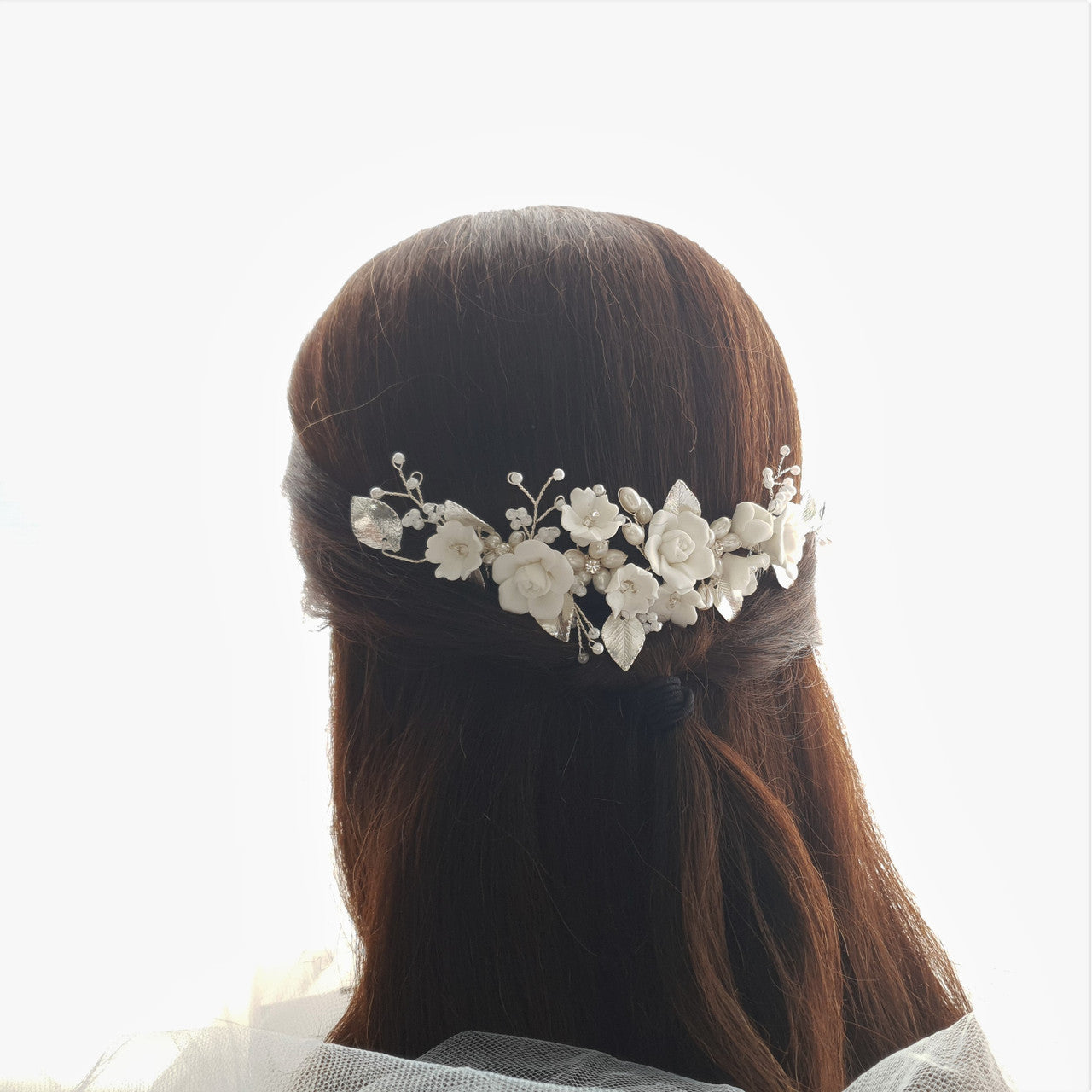 Double Comb Bridal Hairpiece with White Flowers-Blossom