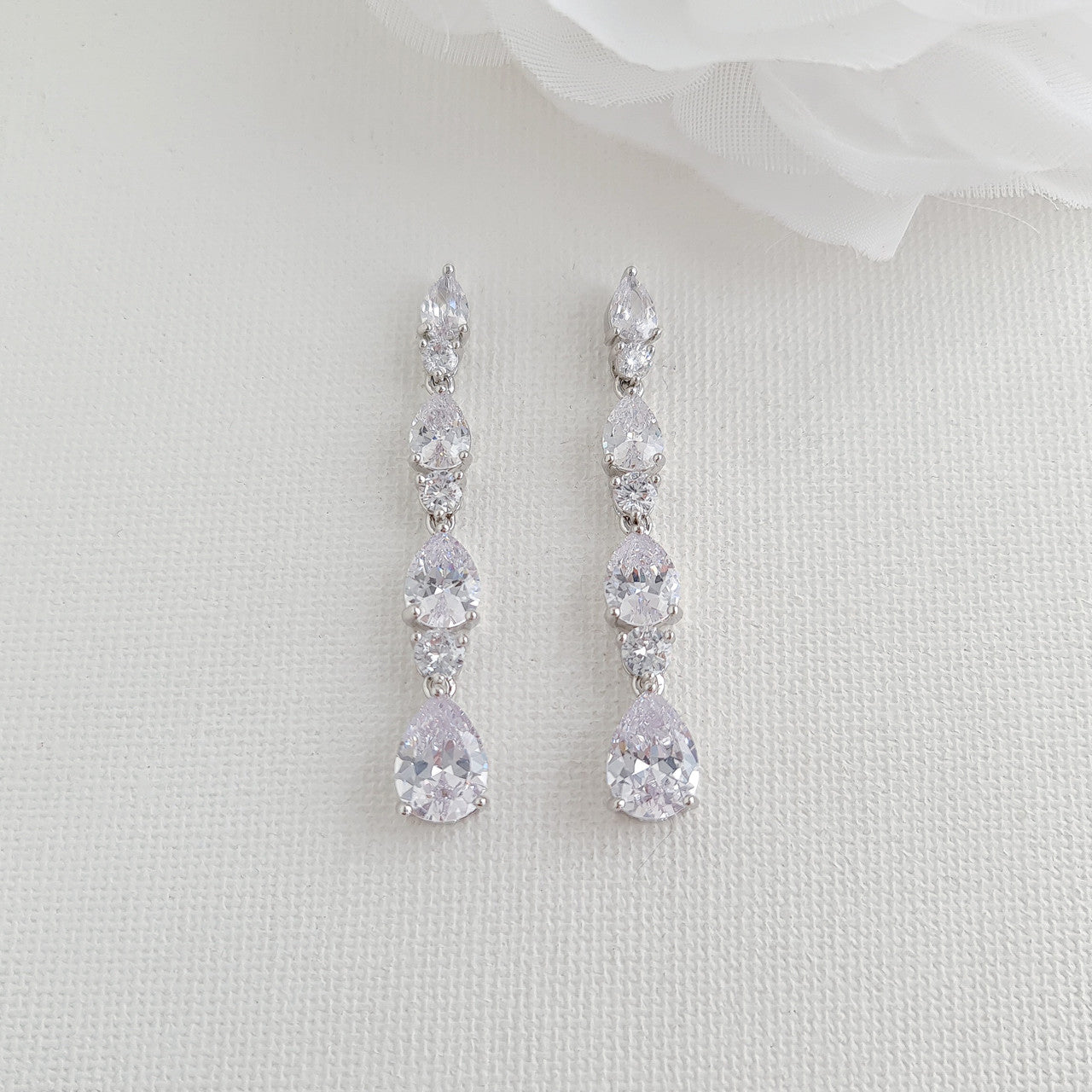 Bridal Drop Earrings in Rose Gold with Small CZ Teardrops-Hazel