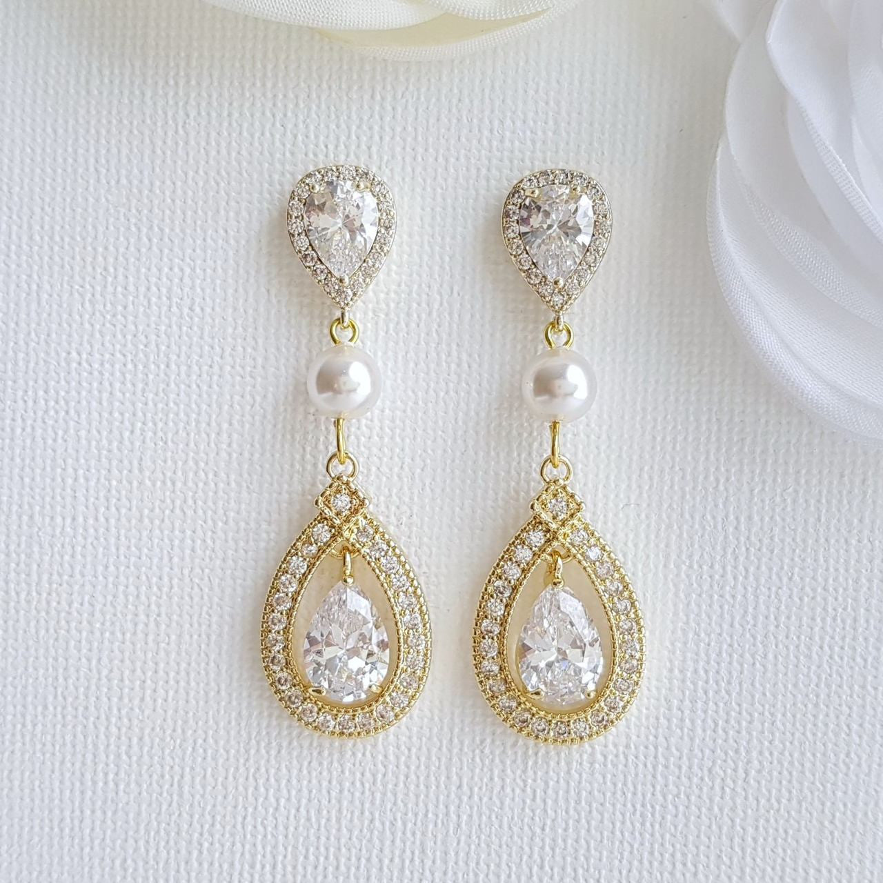 Crystal CLIP ON Wedding Earrings Bridal Earrings Cubic Zirconia  Pearl Rose Gold Halo Style Drop Earrings Bridal Jewelry, Sarah