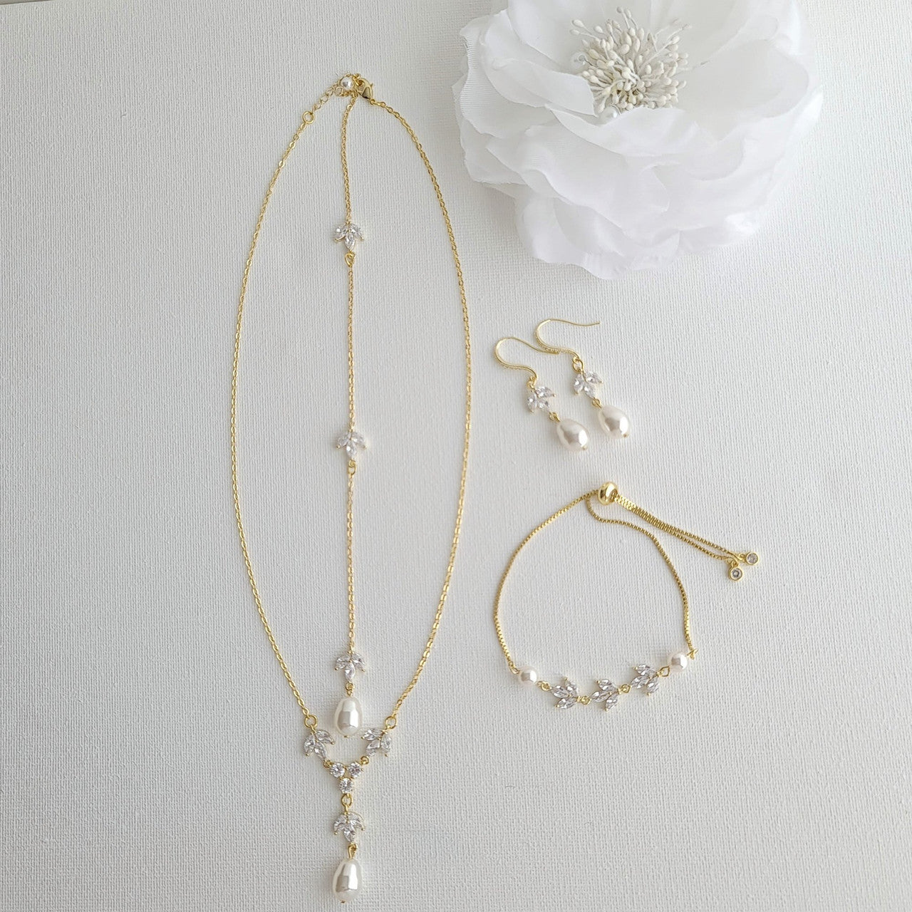 Delicate Wedding Necklace Set with Earrings Bracelets in 14K