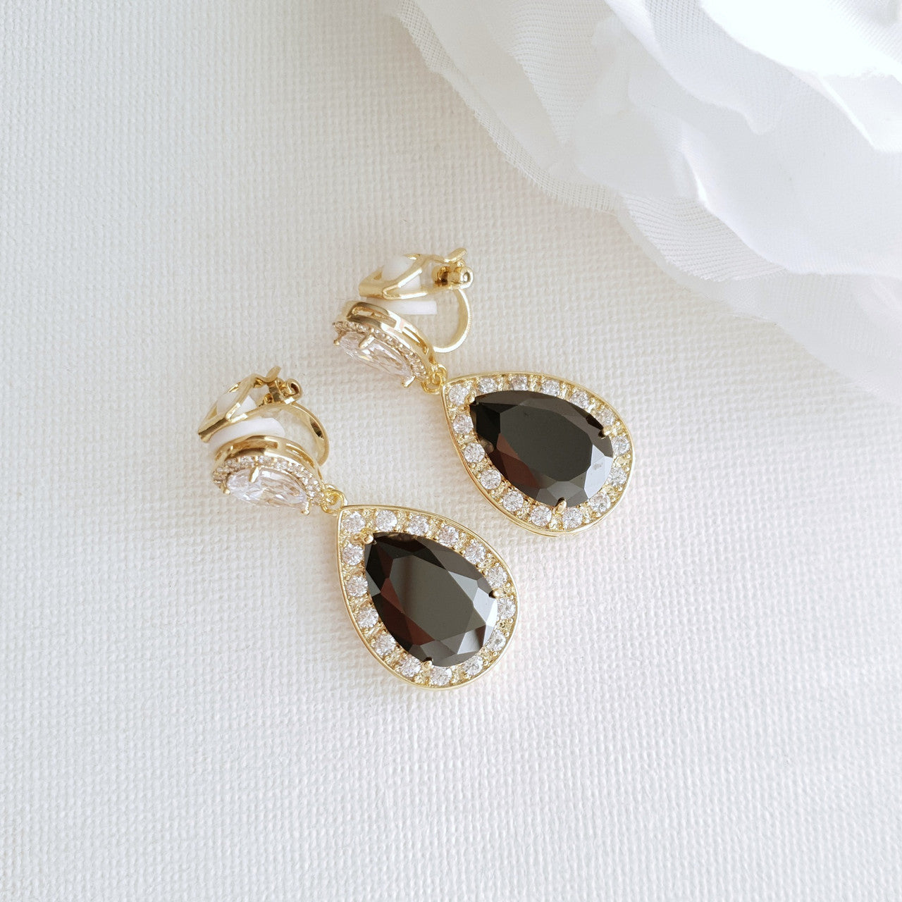 Cubic Zirconia Teardrop Clip On Earrings in Black & Gold- Zoe