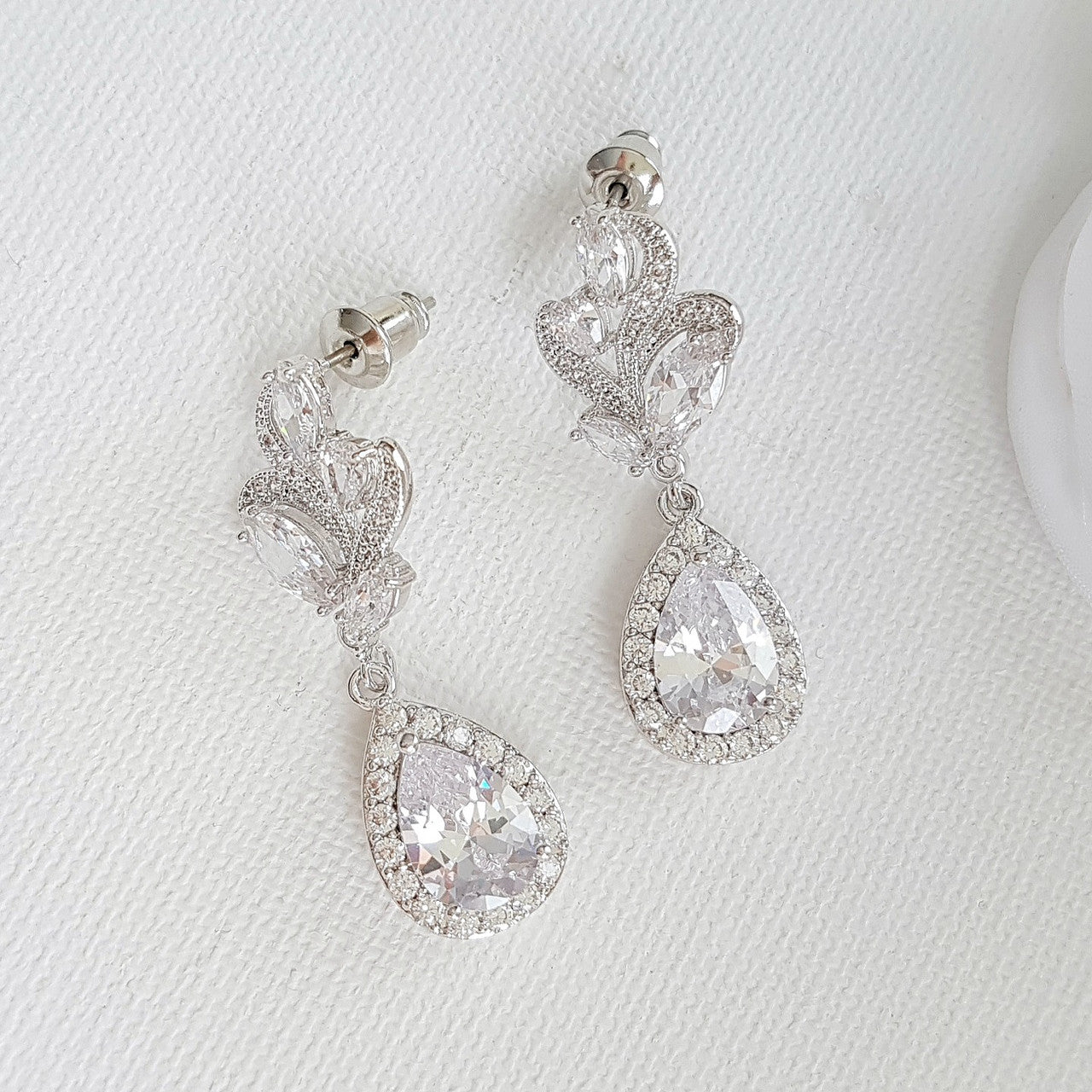 Clear Crystal Drop Earrings for Wedding Silver-Wavy