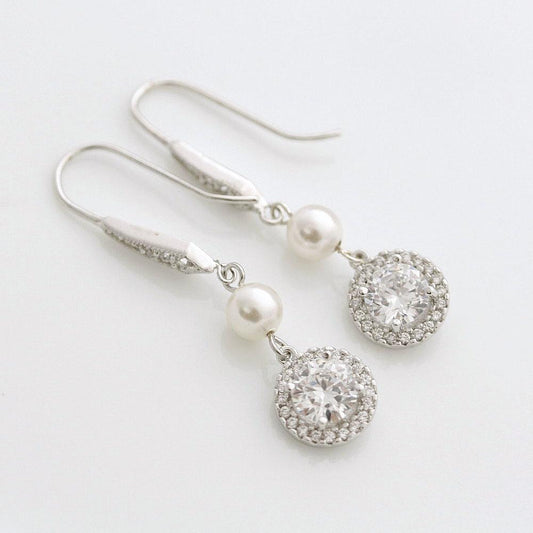 Bridal Pearl Drop Earring, Wedding Pearl Jewelry Cubic Zirconia Pearl Drop Earrings Silver  Pearl Wedding Jewelry