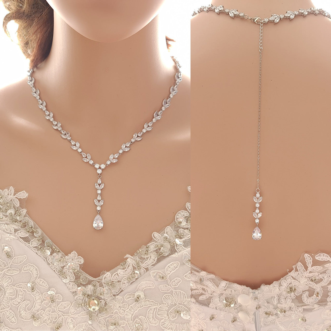 Rose Gold Statement Necklace with Simple Backdrop for Weddings-Anya