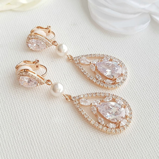 Long Rose Gold Clip On Earrings for Weddings with Pearls & Crystals-Esther