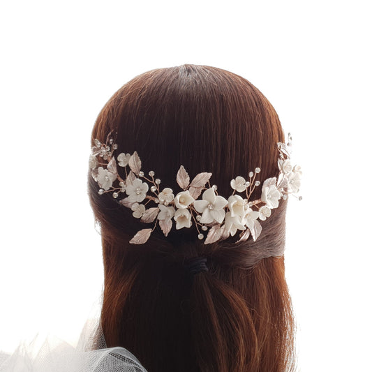 Rose Gold Hair Comb with White Flowers-Daffodil