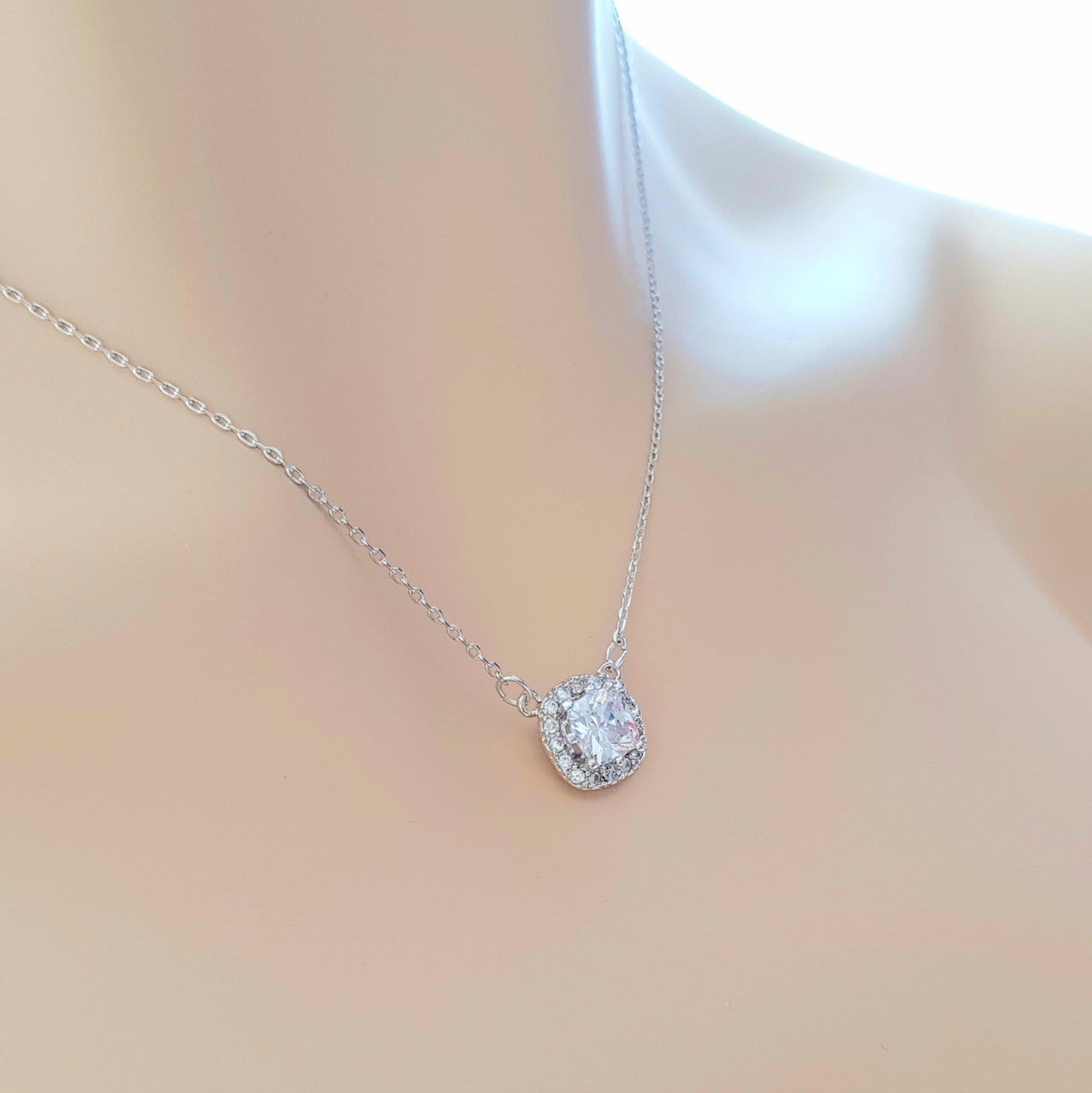 Silver Square Cubic Zirconia Pendant-Azure Clear