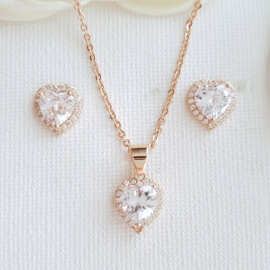 Rose Gold Bridesmaids Jewelry Set with Heart Stud Earrings & Necklace-Diana