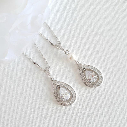 Gold Bridal Pendant Necklace Made of Teardrop Cubic Zirconia-Sarah