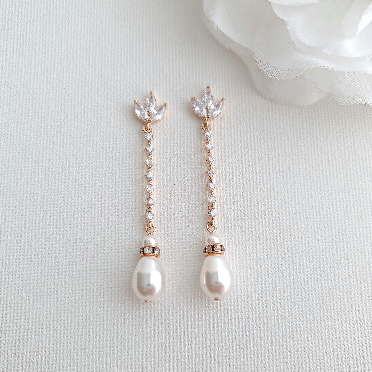 Skinny Long Pearl Drop Earrings in Rose Gold -Jodi