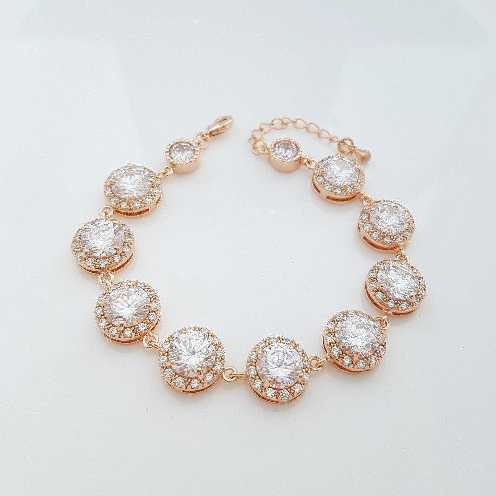 Gold Wedding Bracelet, Crystal Bridal Bracelet, Round CZ Bracelet, Rose Gold, Zirconia Bracelet, Gold Wedding Jewelry, Evita