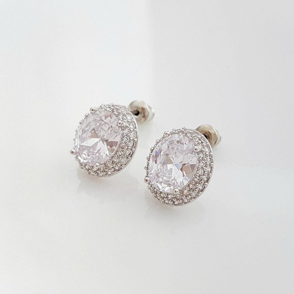 Wedding Stud Earrings Oval Crystal Cubic Zirconia Stud Bridesmaid Earrings Bride Stud Earrings, Emily Studs
