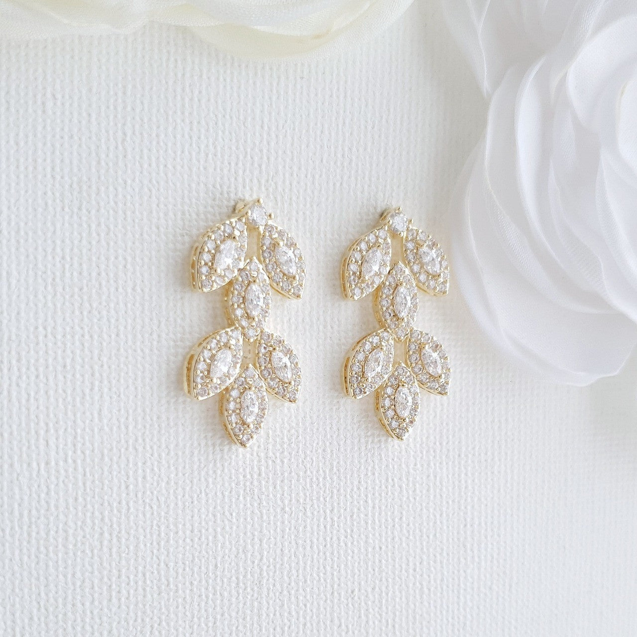 Cubic Zirconia Gold Leaf Stud Earrings- Abby