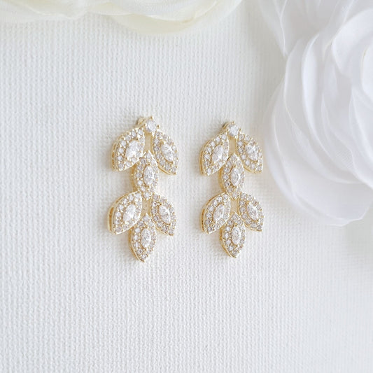 Cubic Zirconia Gold Leaf Stud Earrings- Abby