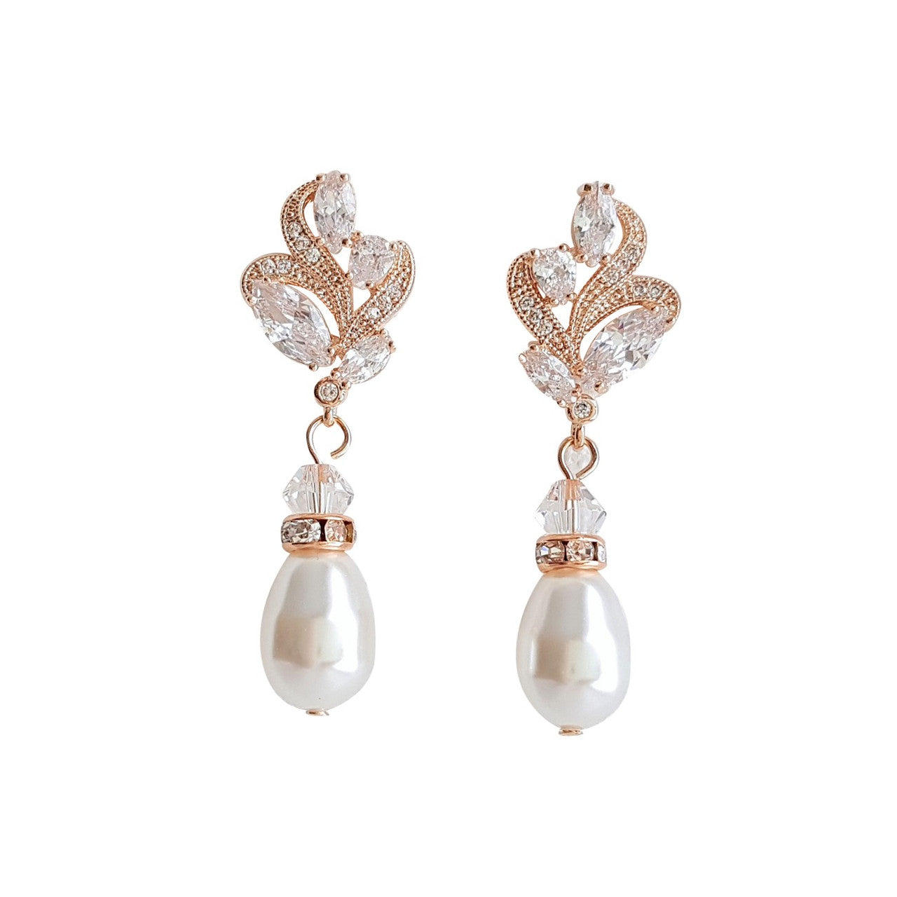 Gold Bridal Earrings With Pearl Drops-Wavy