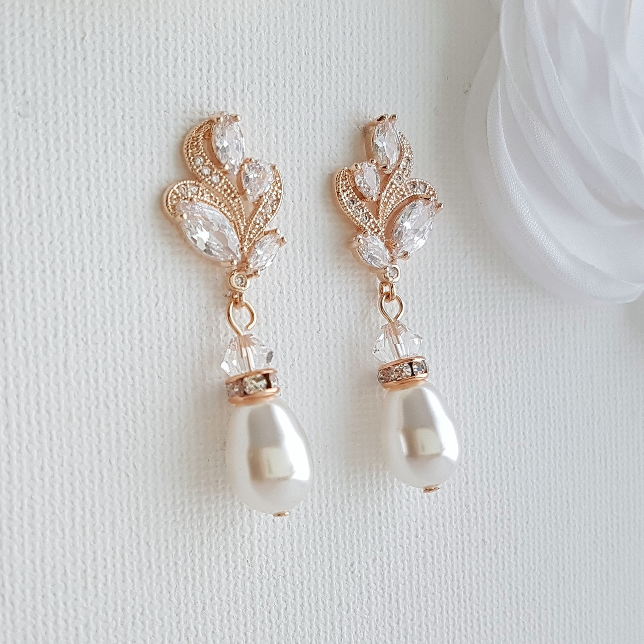 Gold Bridal Earrings With Pearl Drops-Wavy