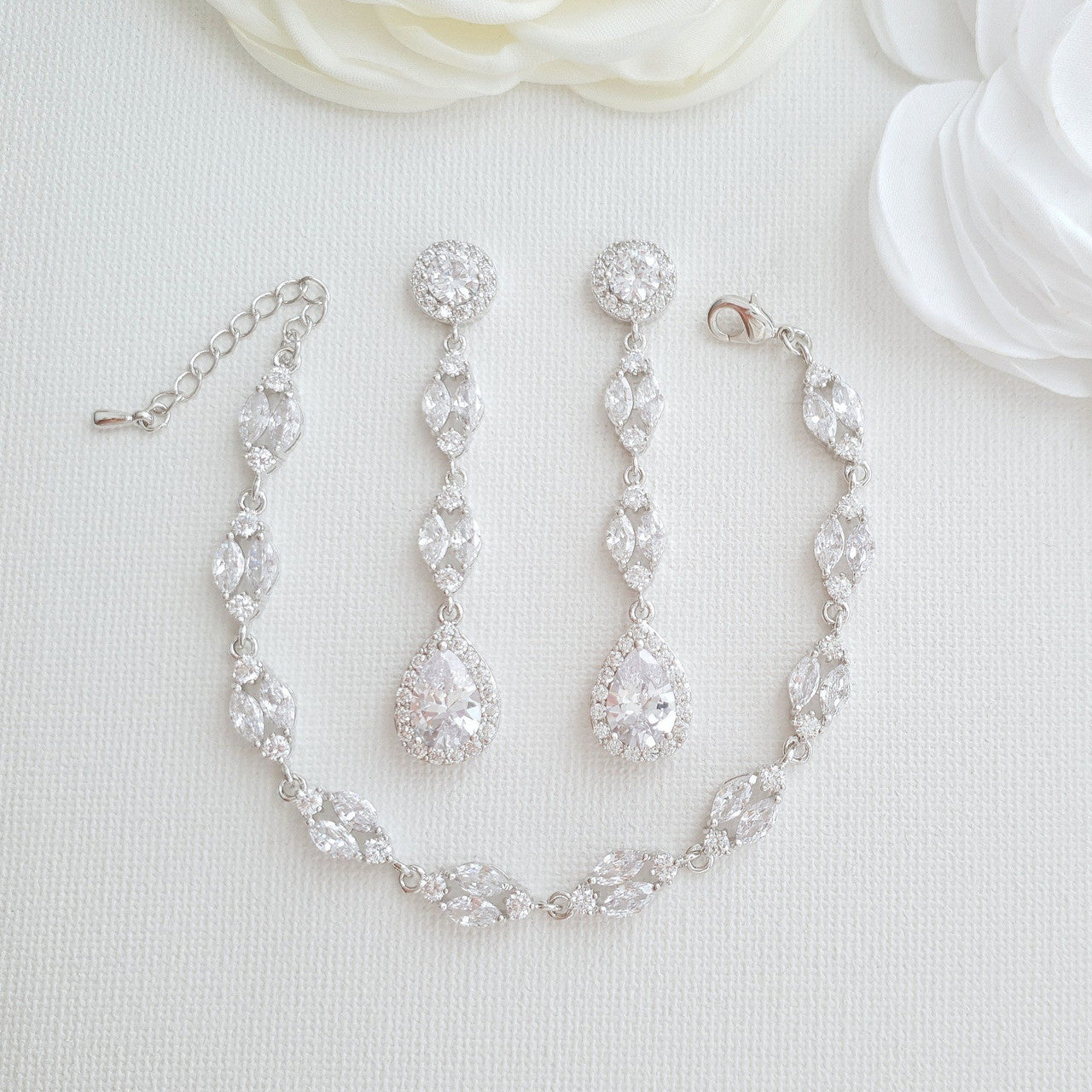 Long Earrings Drop Necklace & Bracelet Bridal Jewelry Set- Hayley