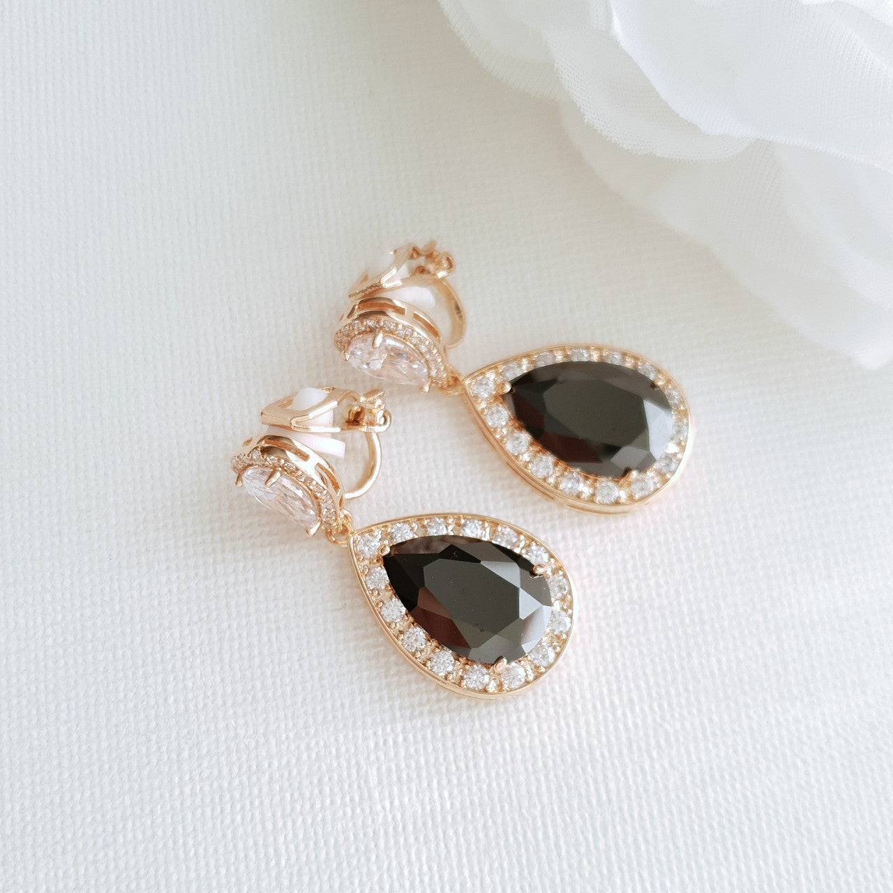 Cubic Zirconia Teardrop Clip On Earrings in Black & Gold- Zoe