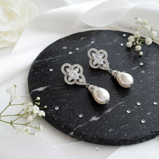 Elegant Crystal & Pearl Drop Earrings | Wedding & Special Occasion Jewellery - Linda