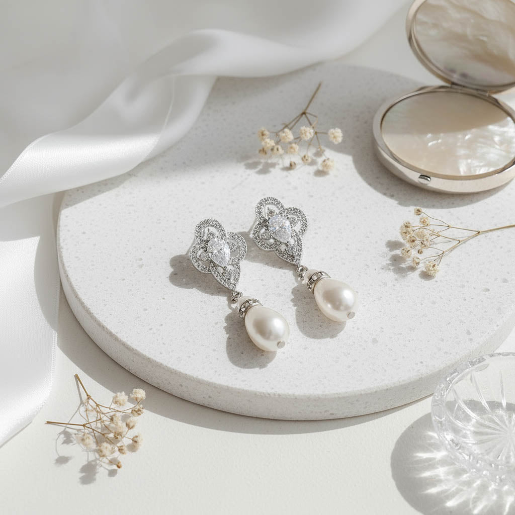 Pearl and Crystal Drop Earrings for Wedding-Linda