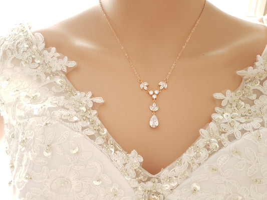 Gold Crystal & Pearl Y-Drop Bridal Necklace - Leila