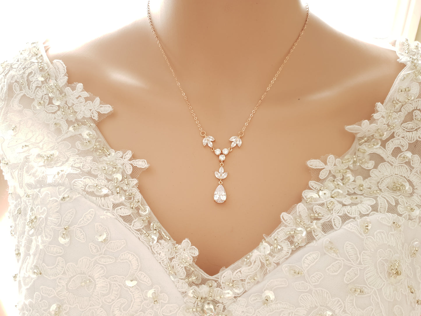 Crystal & Pearl Bridal Necklace in Silver - Leila