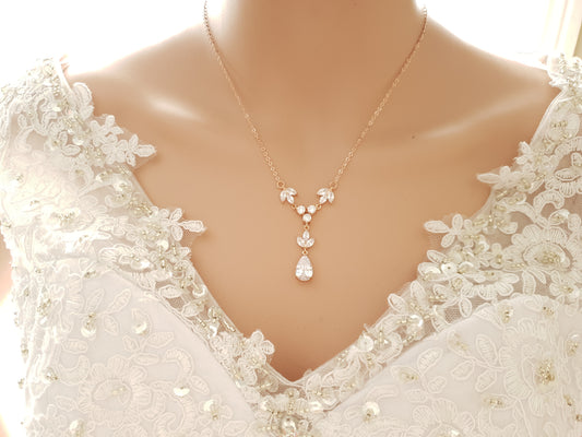 Rose Gold Crystal and Pearl Bridal Y-Drop Necklace - Leila
