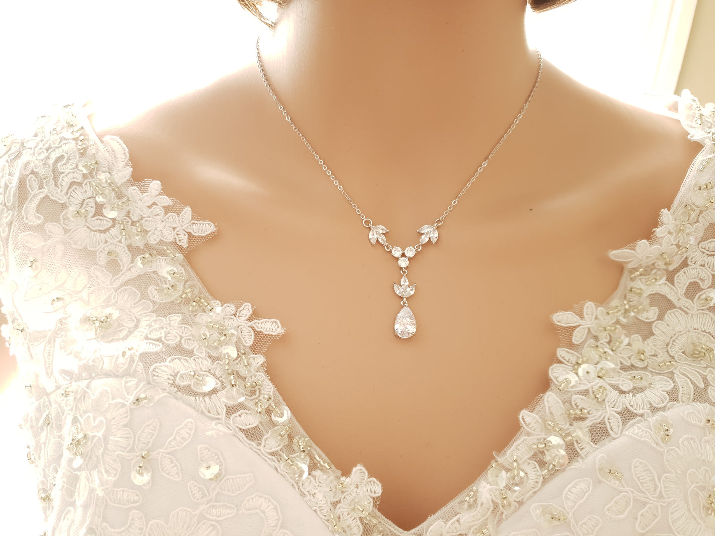 Crystal & Pearl Bridal Necklace in Silver - Leila