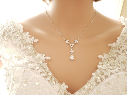 Crystal & Pearl Bridal Necklace in Silver - Leila