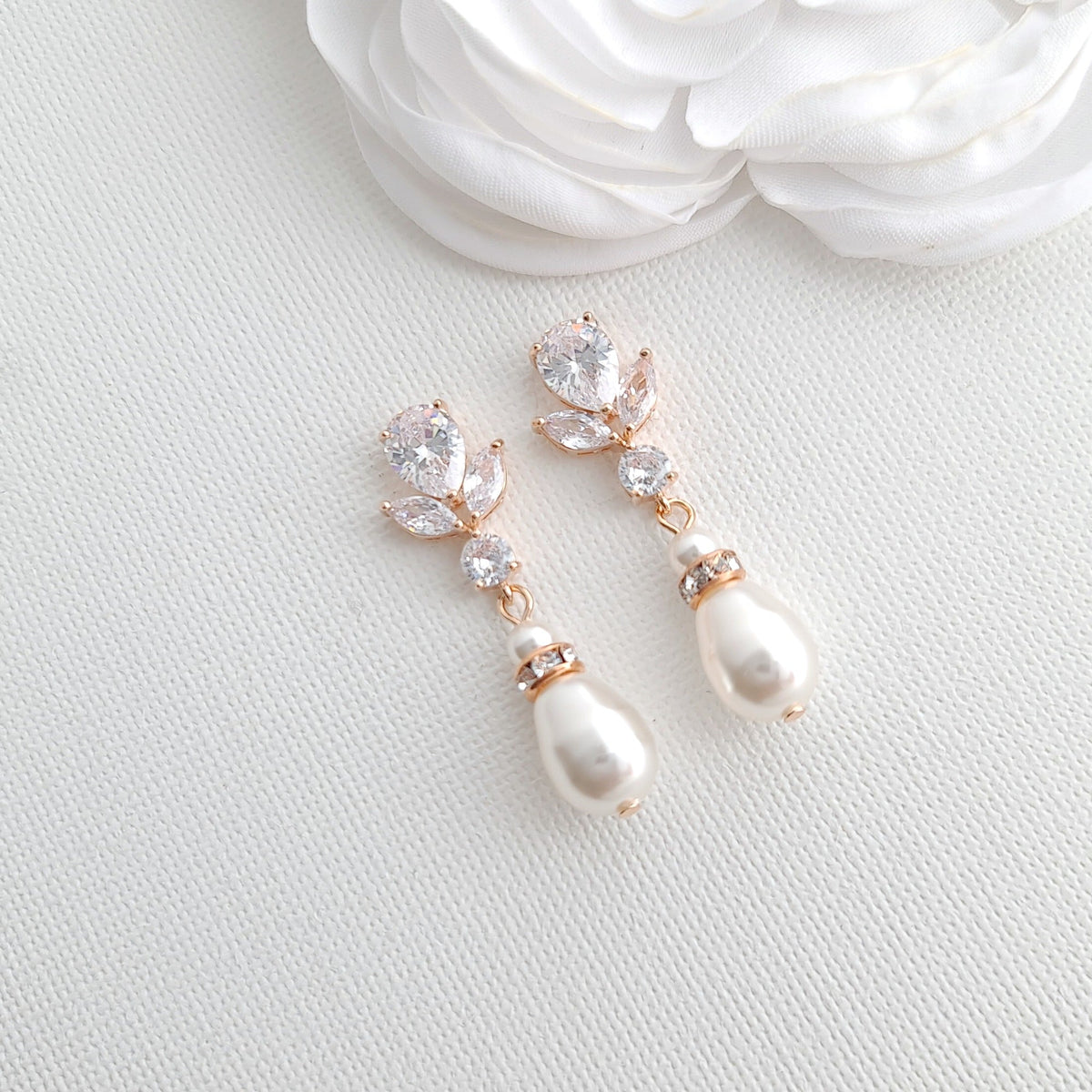Gold Clip On earrings Brides with CZ leaf Stud & Teardrop Pearls - Nicole