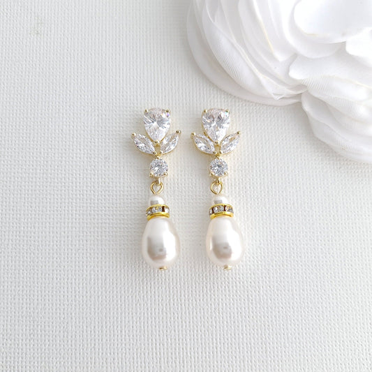 Gold Clip On earrings Brides with CZ leaf Stud & Teardrop Pearls - Nicole