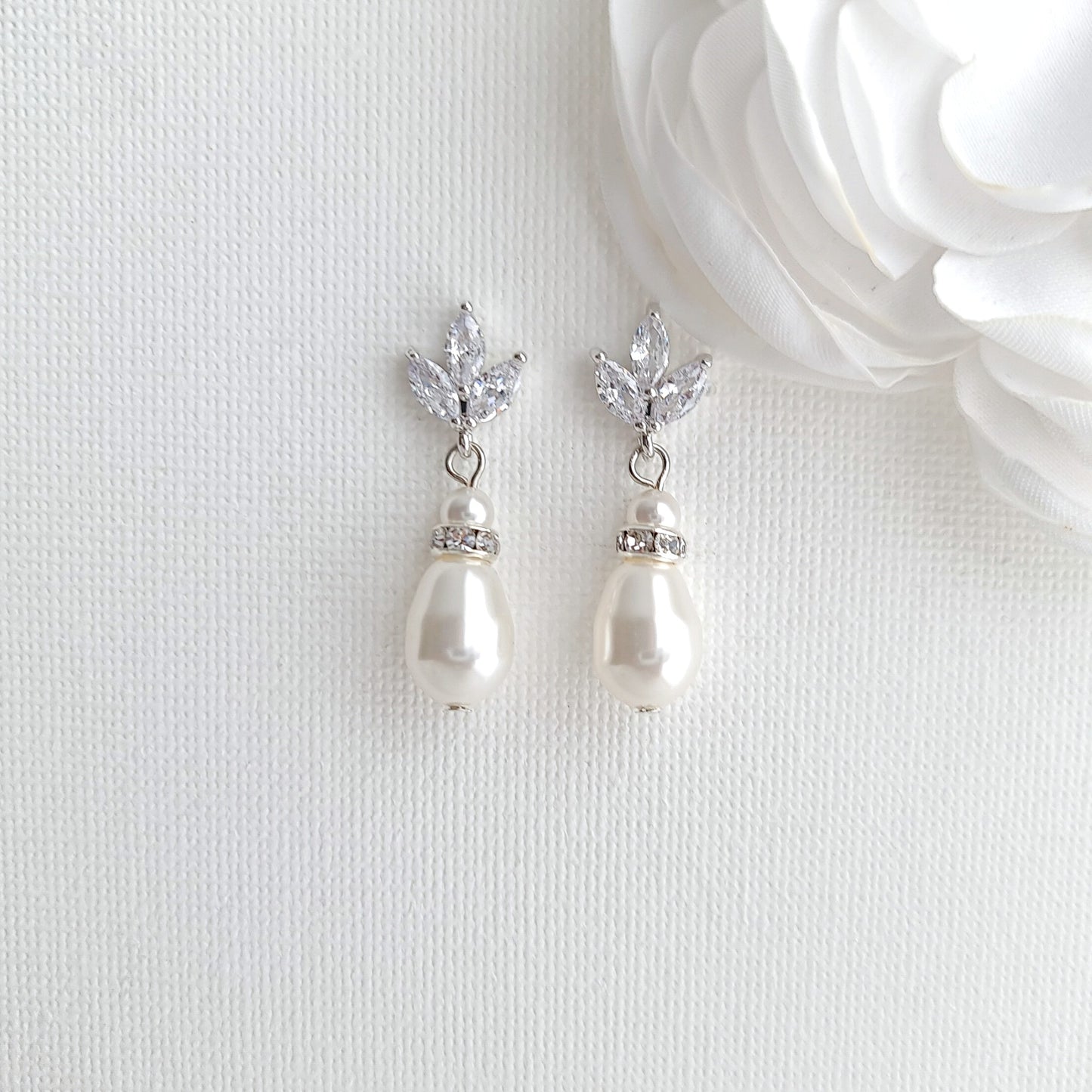 Silver CZ Leaf Bridal Earrings with Teardrop Pearl Design- Katie