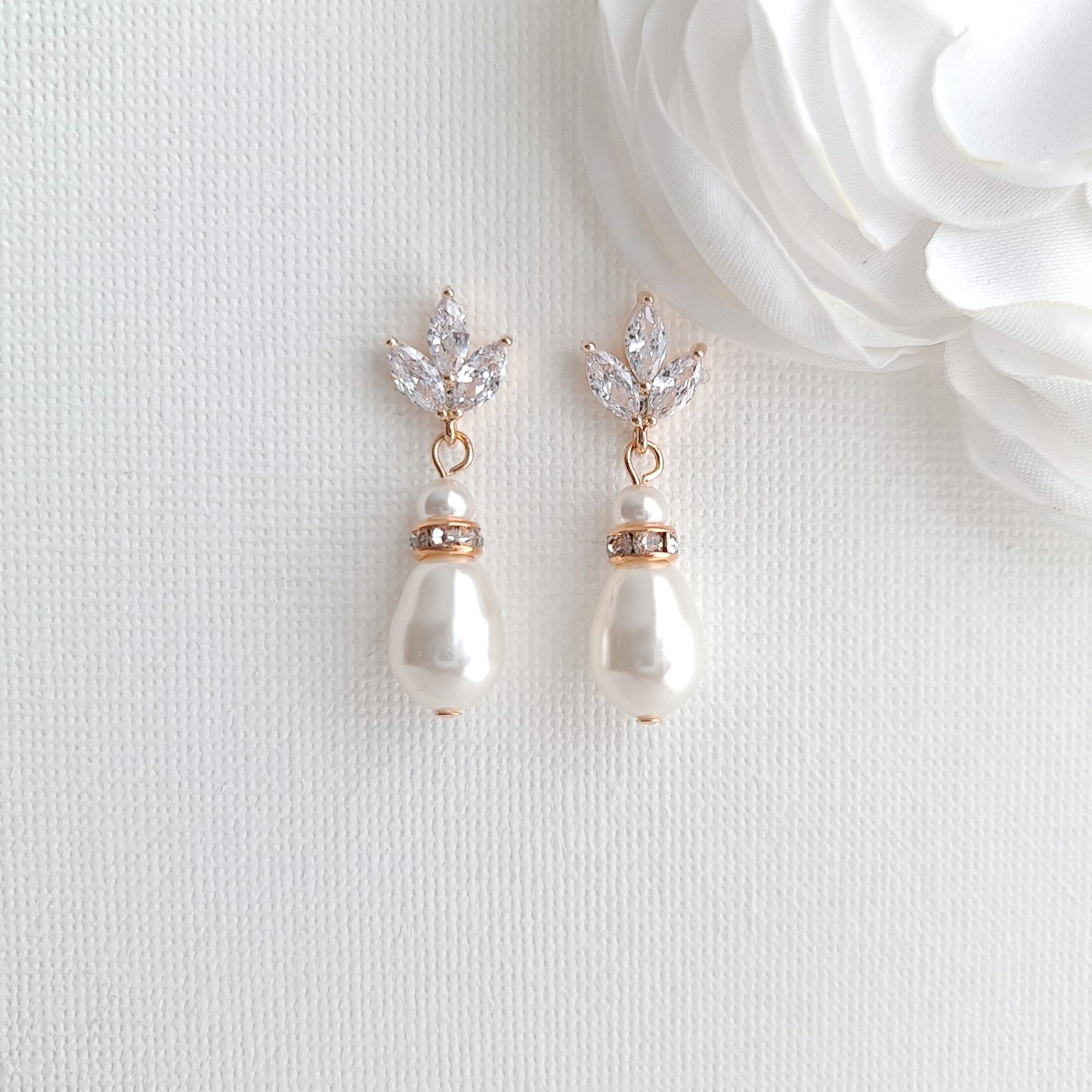 Silver CZ Leaf Bridal Earrings with Teardrop Pearl Design- Katie