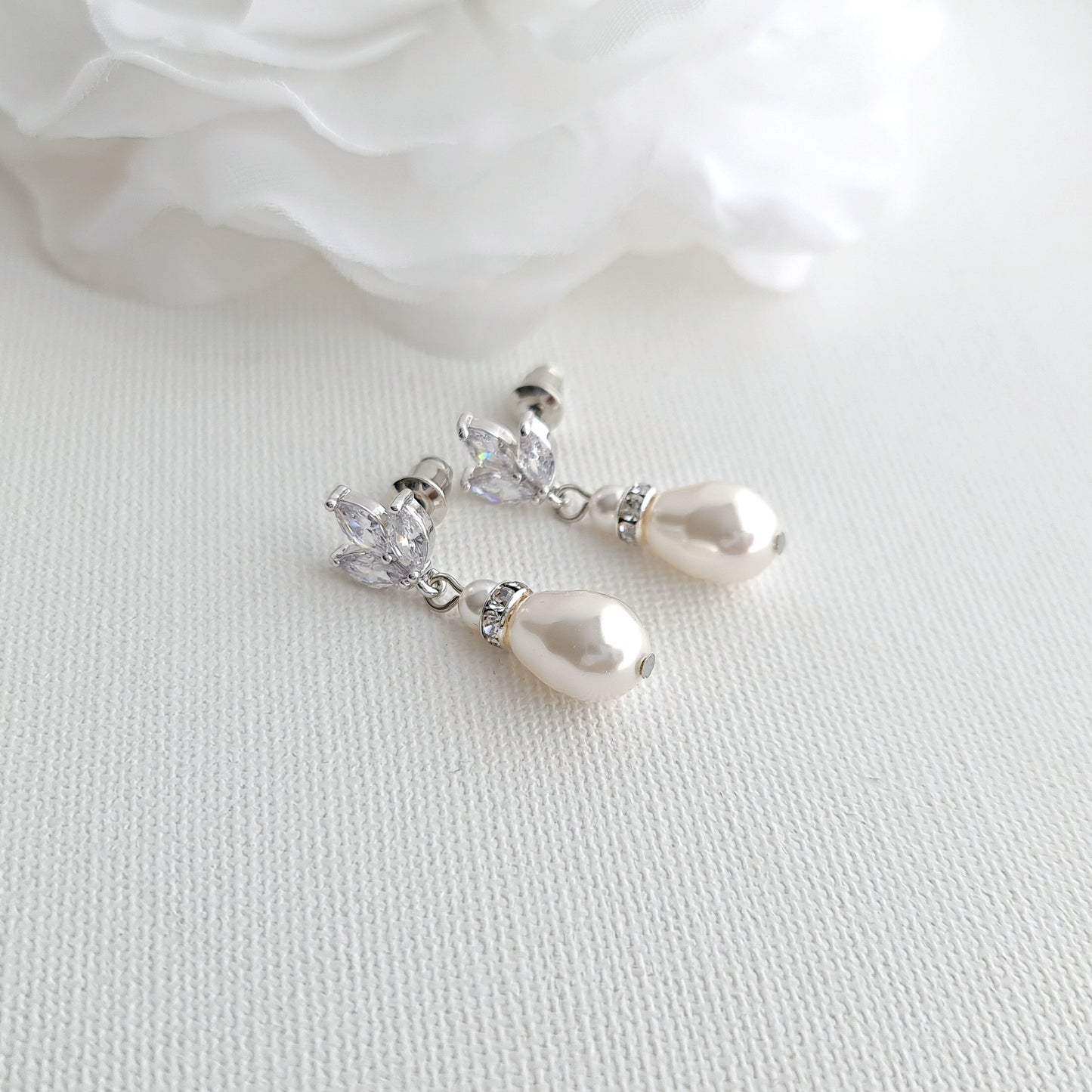Silver CZ Leaf Bridal Earrings with Teardrop Pearl Design- Katie
