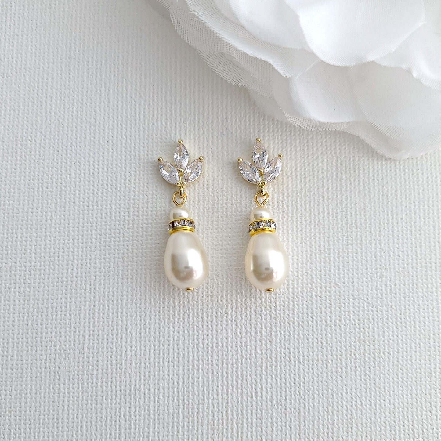 Silver CZ Leaf Bridal Earrings with Teardrop Pearl Design- Katie